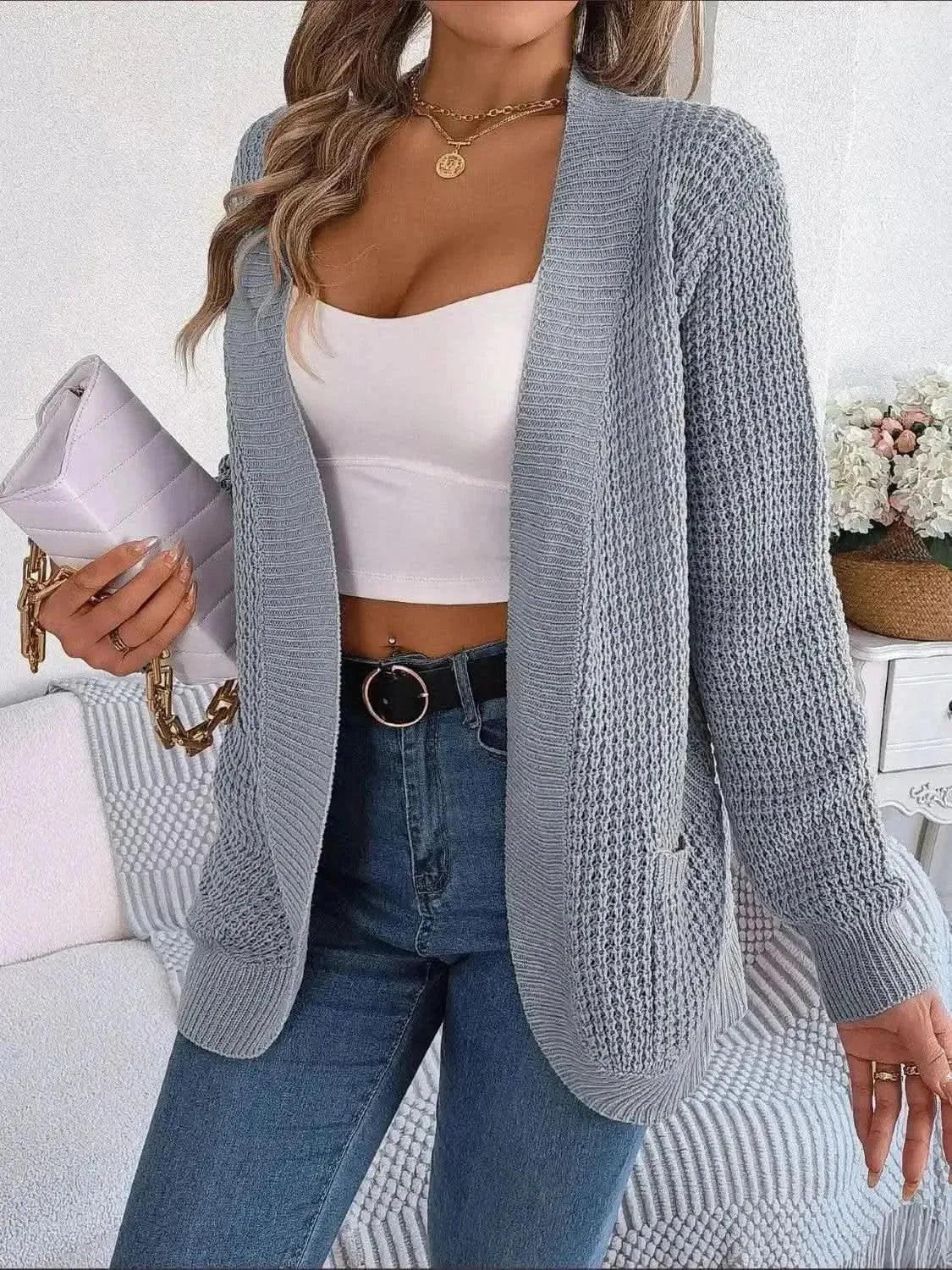 Open Front Long Sleeve Cardigan with Pockets - Bad Moms Club