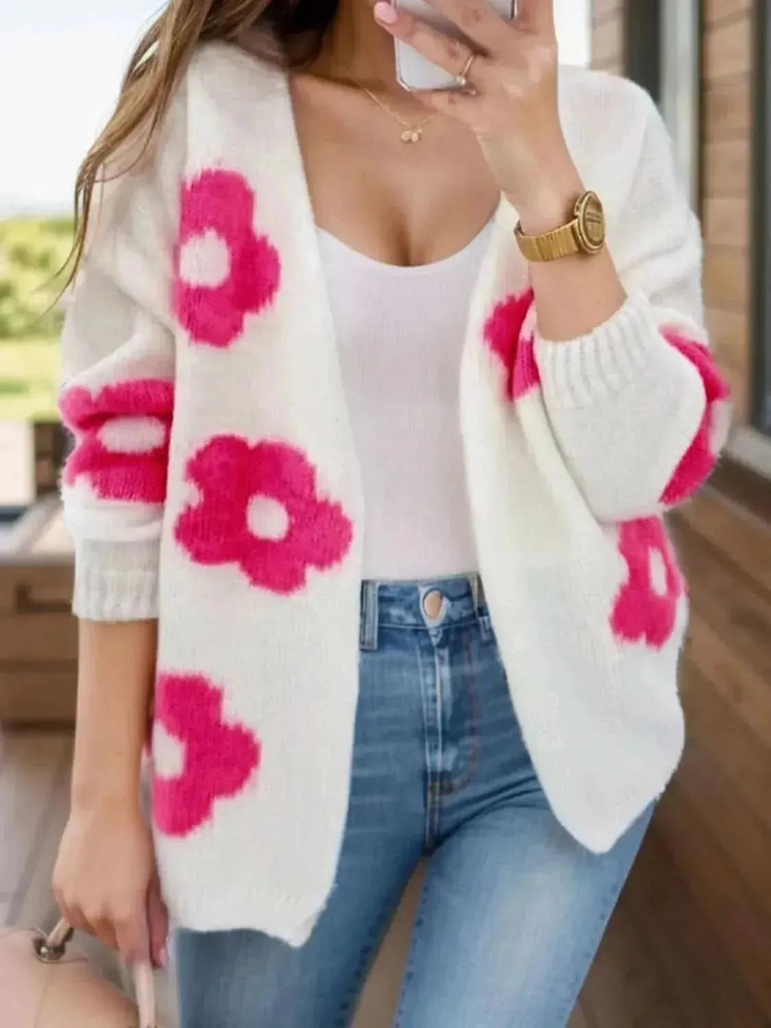 Flower Open Front Long Sleeve Cardigan - Bad Moms Club