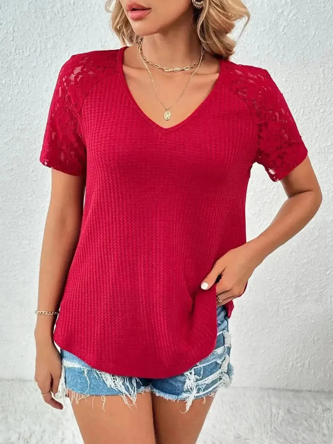 Ivy Lane Lace Detail V-Neck Short Sleeve T-Shirt - Bad Moms Club