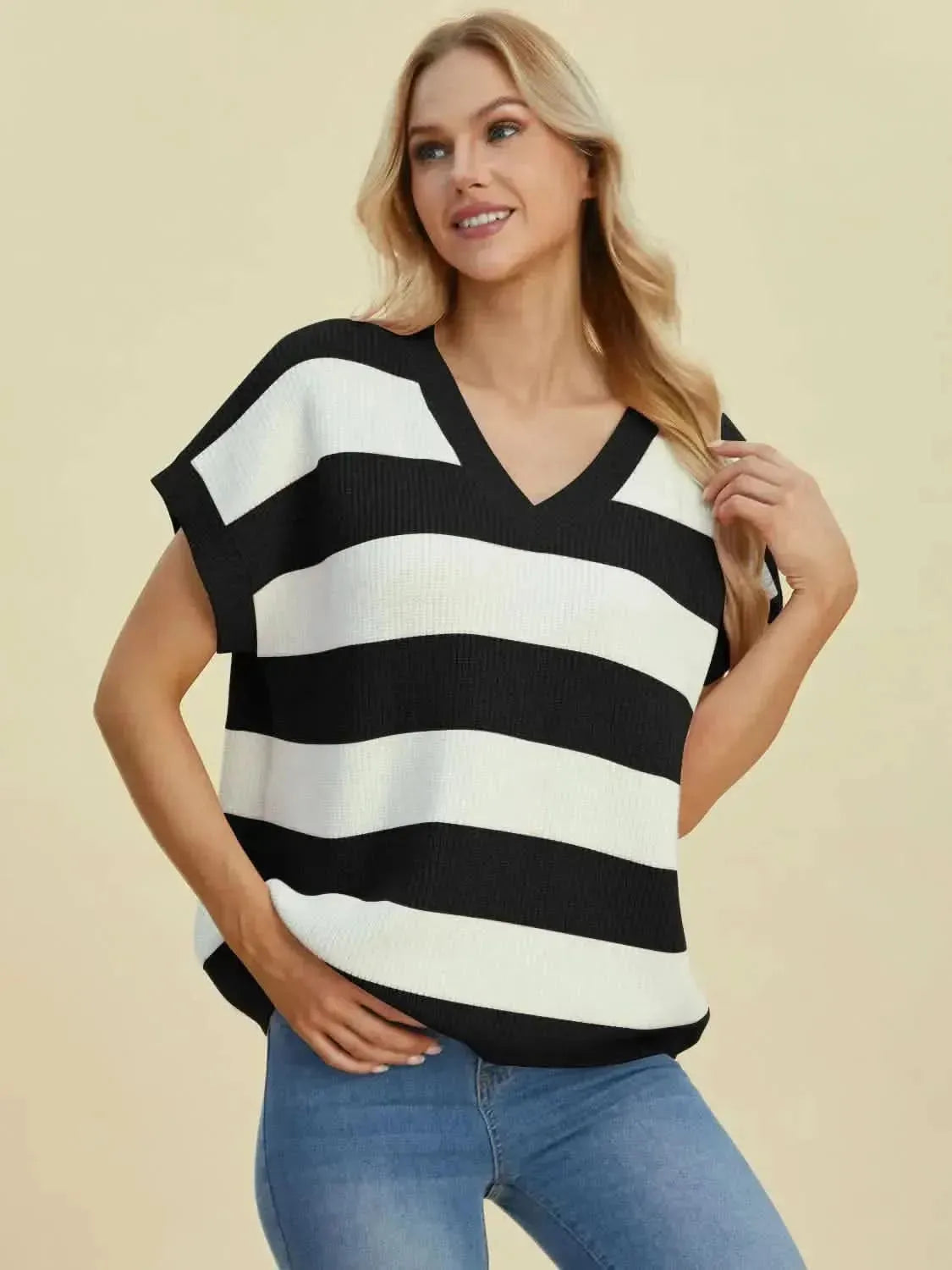 Double Take Full Size Striped V-Neck Short Sleeve Sweater - Bad Moms Club
