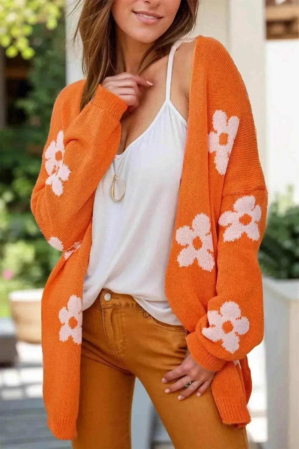 Flower Open Front Long Sleeve Cardigan - Bad Moms Club