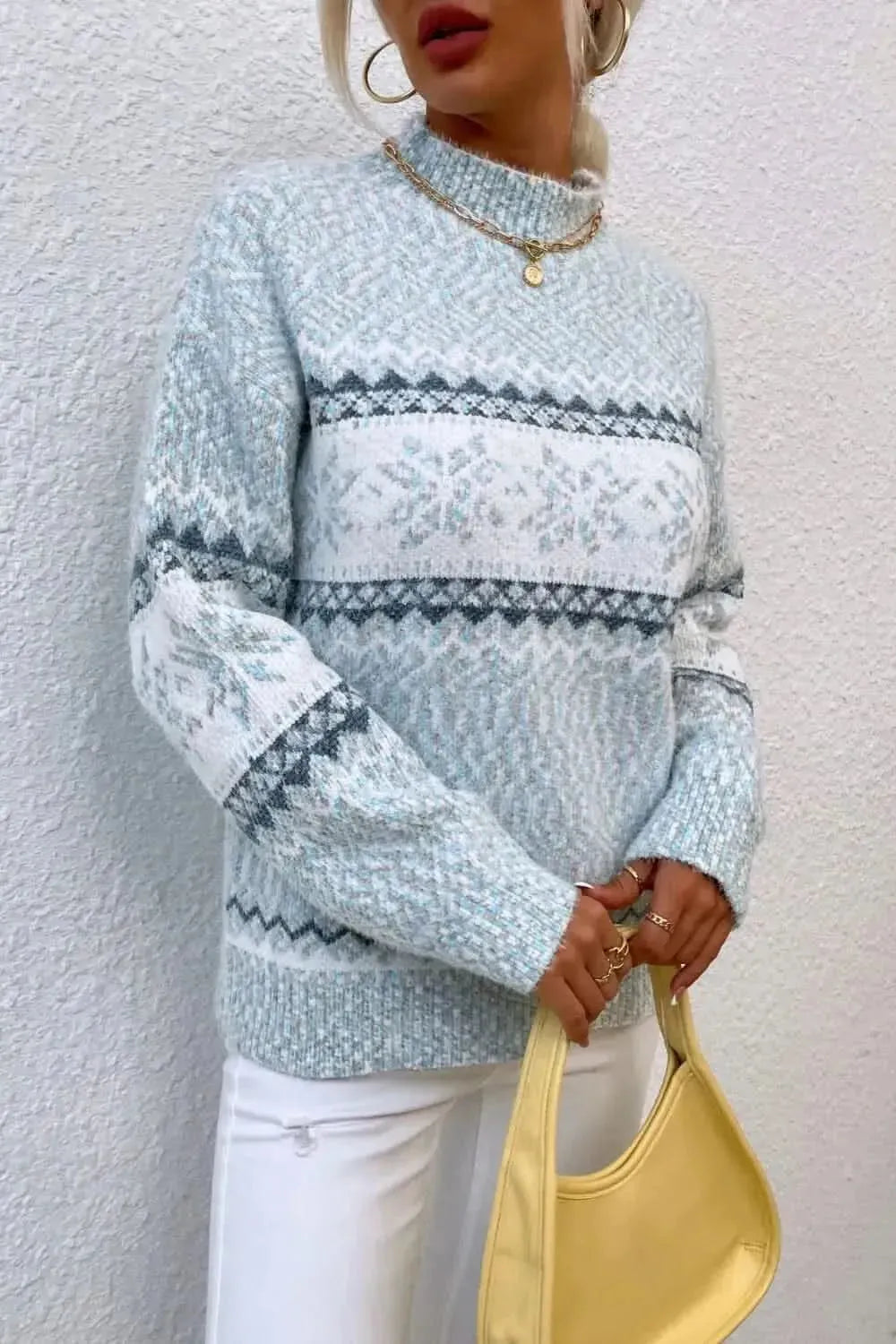 Snowflake Pattern Mock Neck Sweater - Bad Moms Club