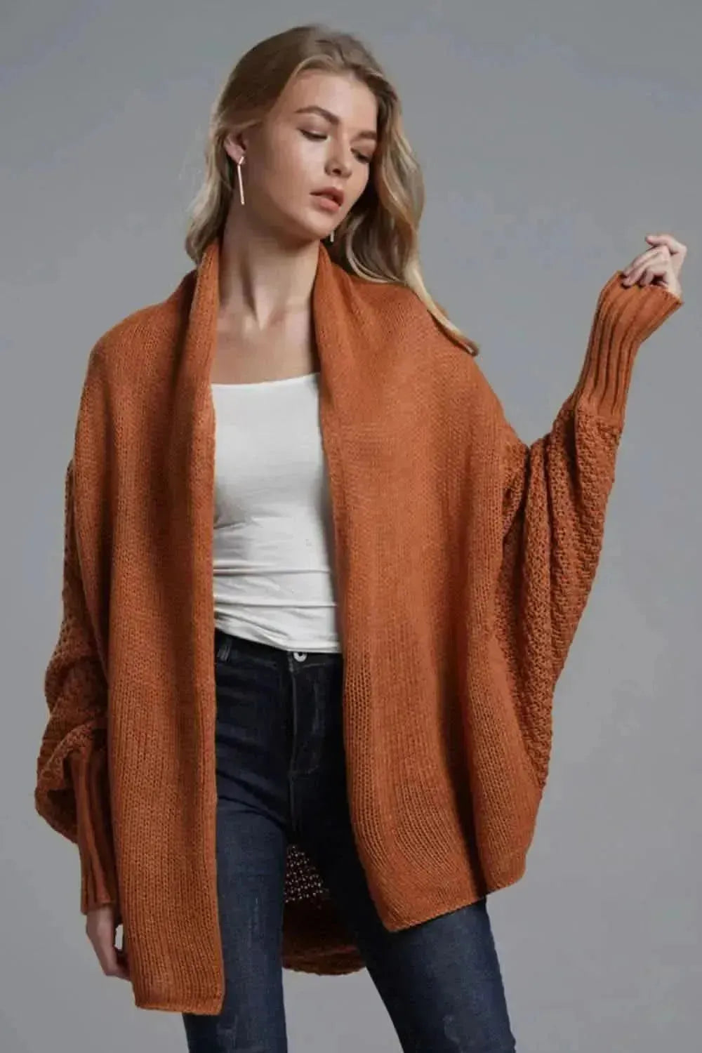 Dolman Sleeve Open Front Ribbed Trim Longline Cardigan - Bad Moms Club