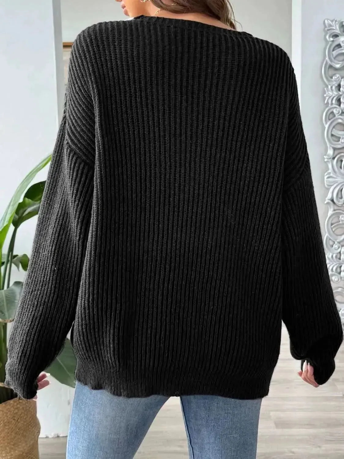 Contrast Dropped Shoulder Long Sleeve Sweater - Bad Moms Club
