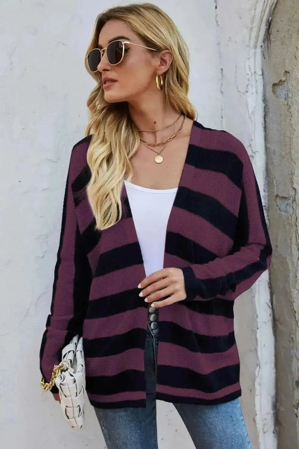 Striped Dolman Sleeve Open Front Cardigan - Bad Moms Club