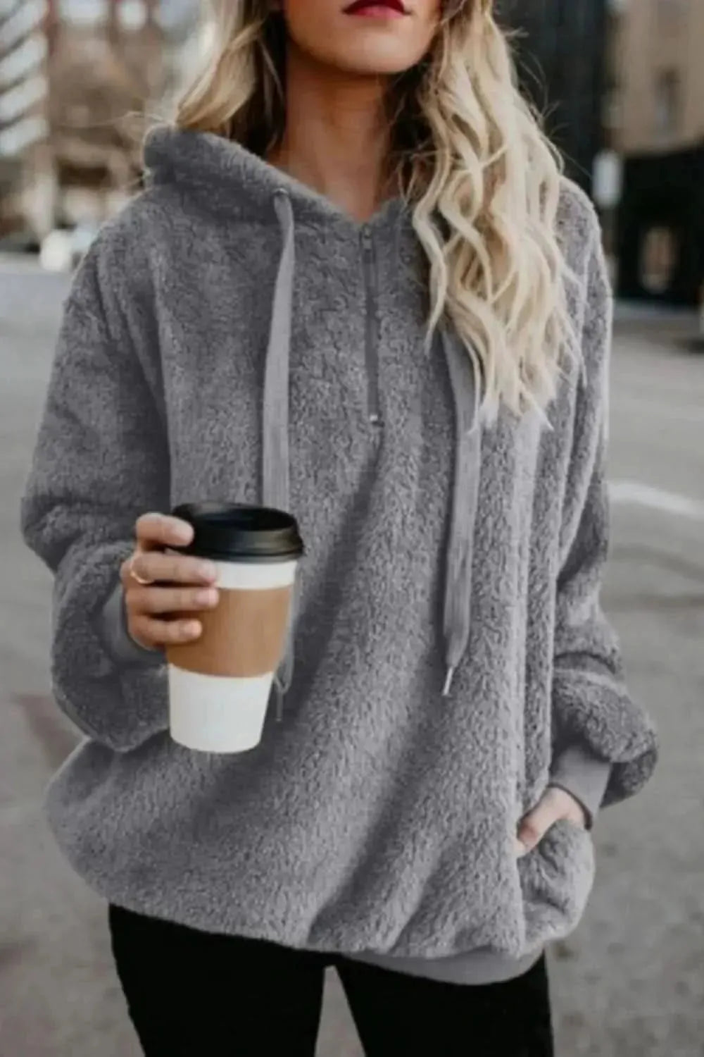 Full Size Quarter-Zip Drawstring Teddy Hoodie - Bad Moms Club