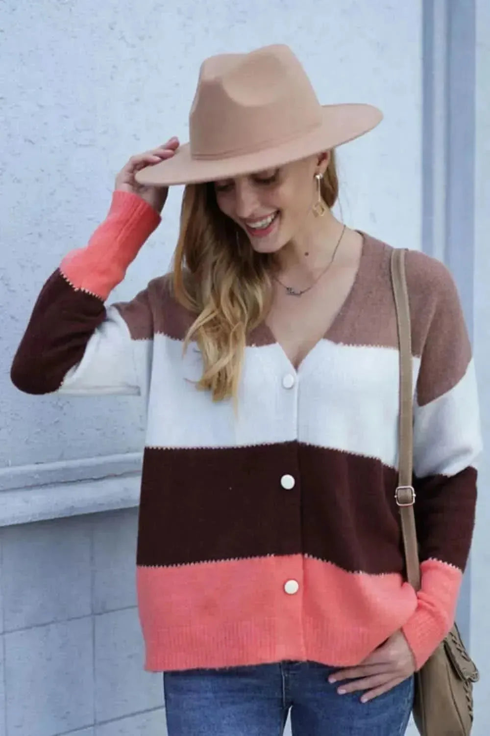 Woven Right Color Block V-Neck Button Down Cardigan - Bad Moms Club