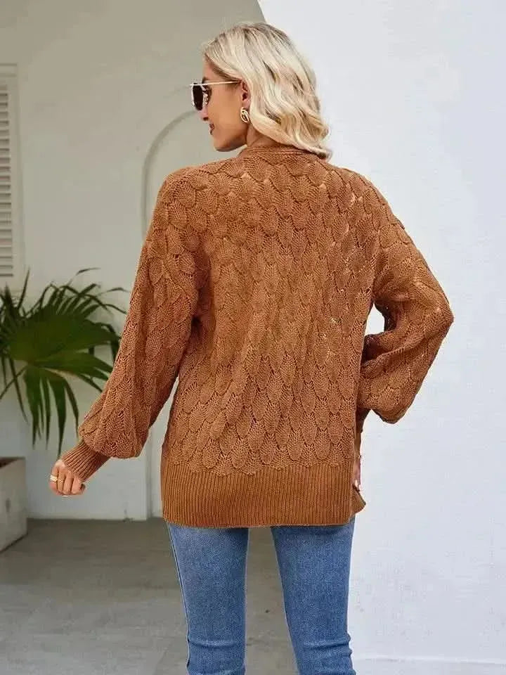 Openwork Open Front Lantern Sleeve Cardigan - Bad Moms Club