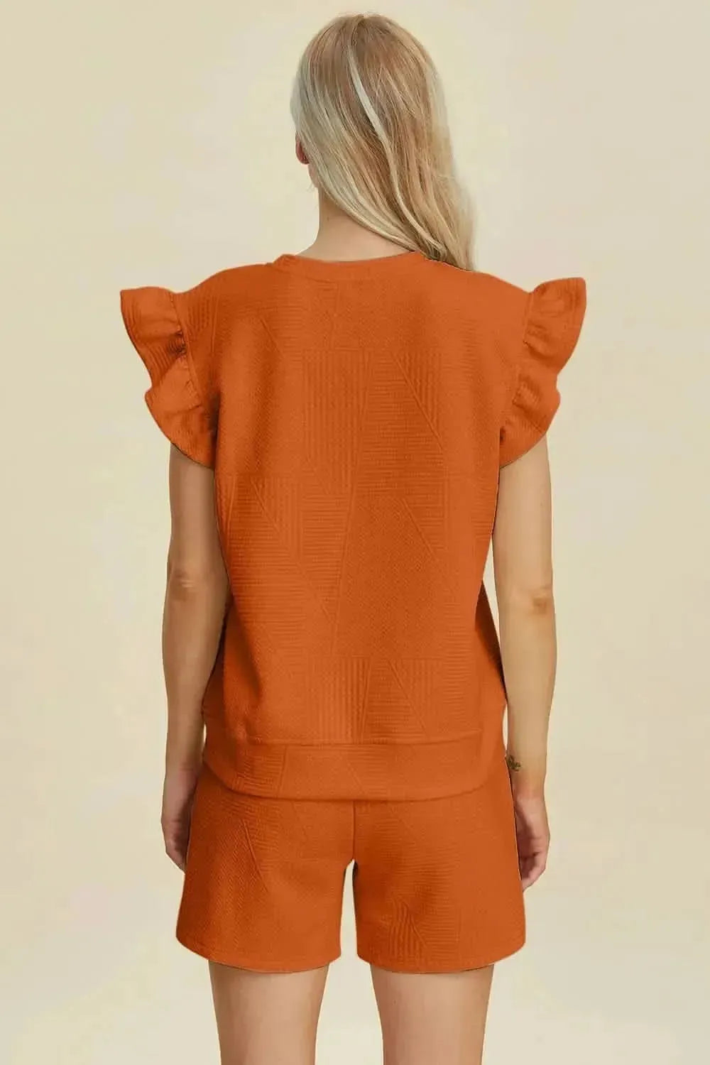 Double Take Full Size Texture Round Neck Ruffle Sleeve Top and Shorts Set - Bad Moms Club
