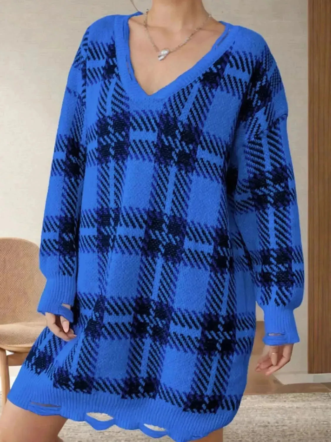 Distressed Plaid V-Neck Long Sleeve Sweater Dress - Bad Moms Club