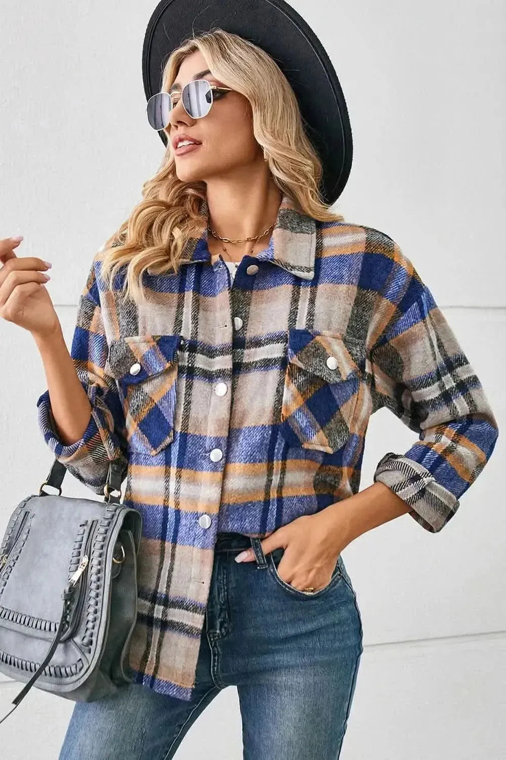 Button Down Collared Plaid Shacket - Bad Moms Club