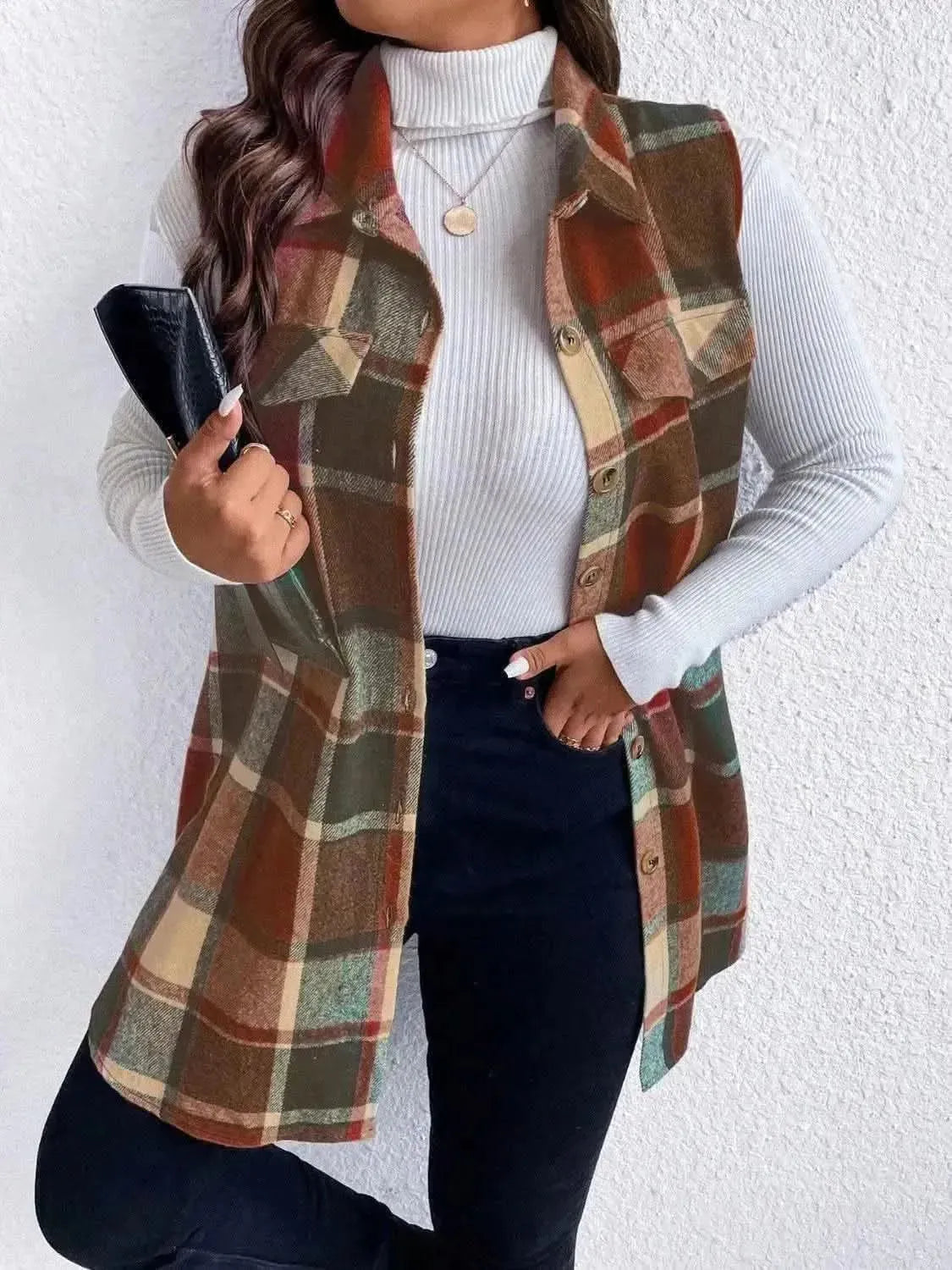 Honey Plus Size Pocketed Plaid Button Up Vest Coat - Bad Moms Club