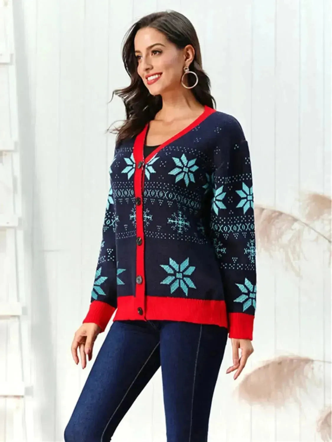 Snowflake Pattern Button Down Cardigan - Bad Moms Club
