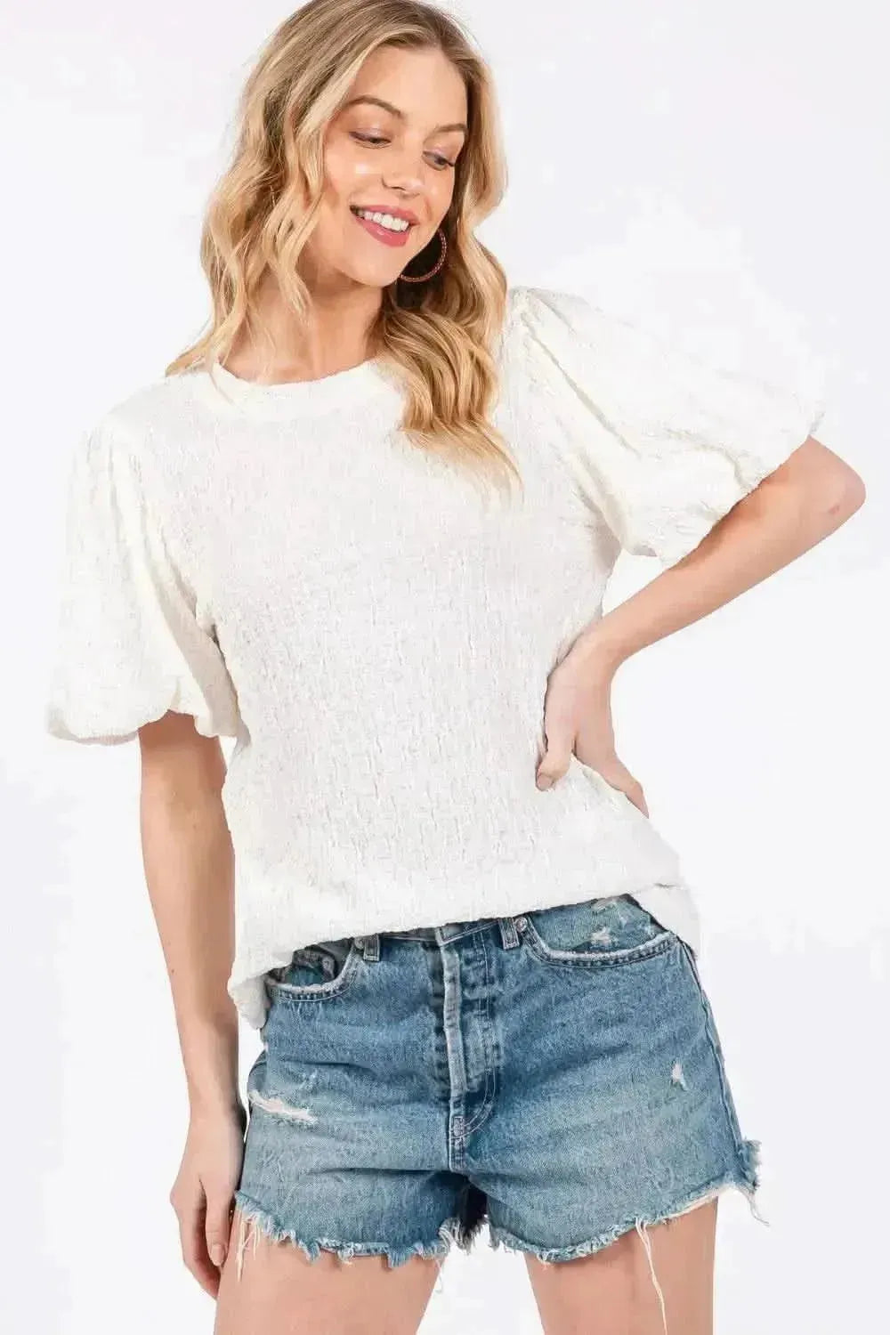 Ces Femme Textured Puff Sleeve Top - Bad Moms Club