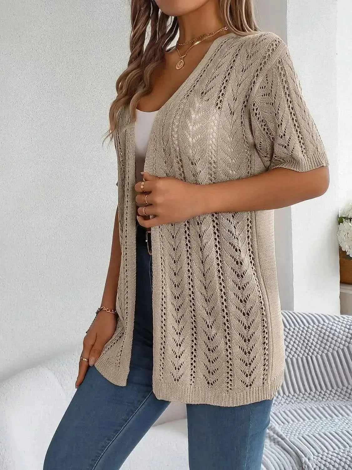 Openwork Open Front Half Sleeve Cardigan - Bad Moms Club