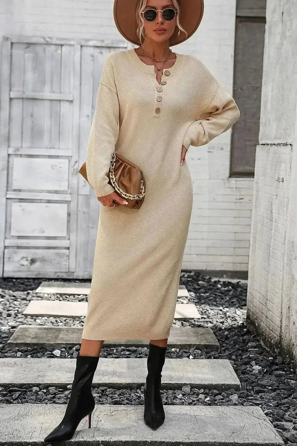 Decorative Button Notched Dropped Shoulder Sweater Dress - Bad Moms Club