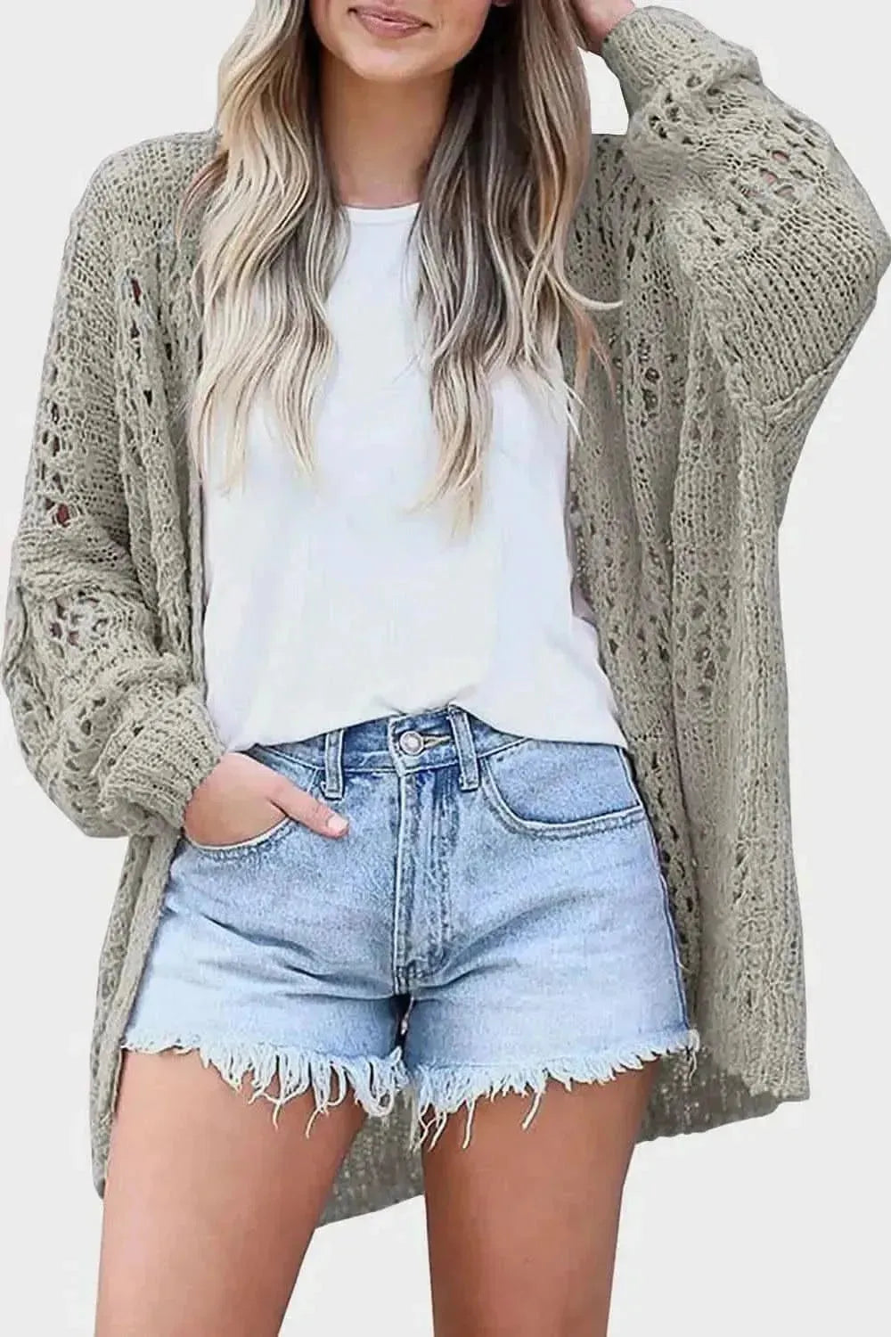 Openwork Open Front Long Sleeve Cardigan - Bad Moms Club