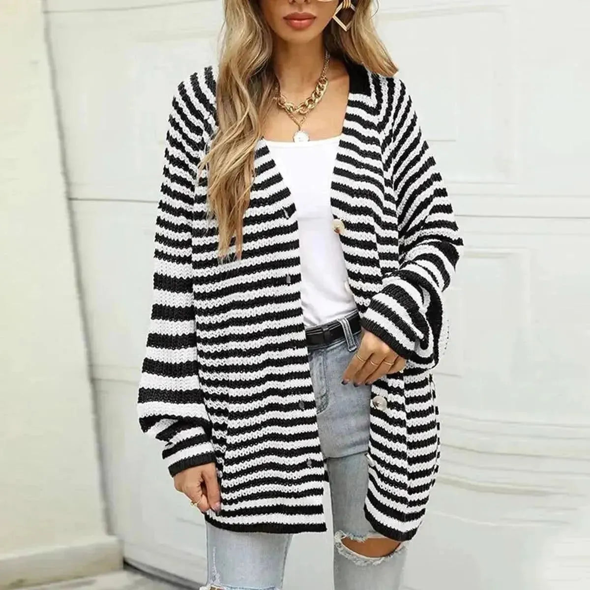 Striped Button Down Long Sleeve Cardigan - Bad Moms Club