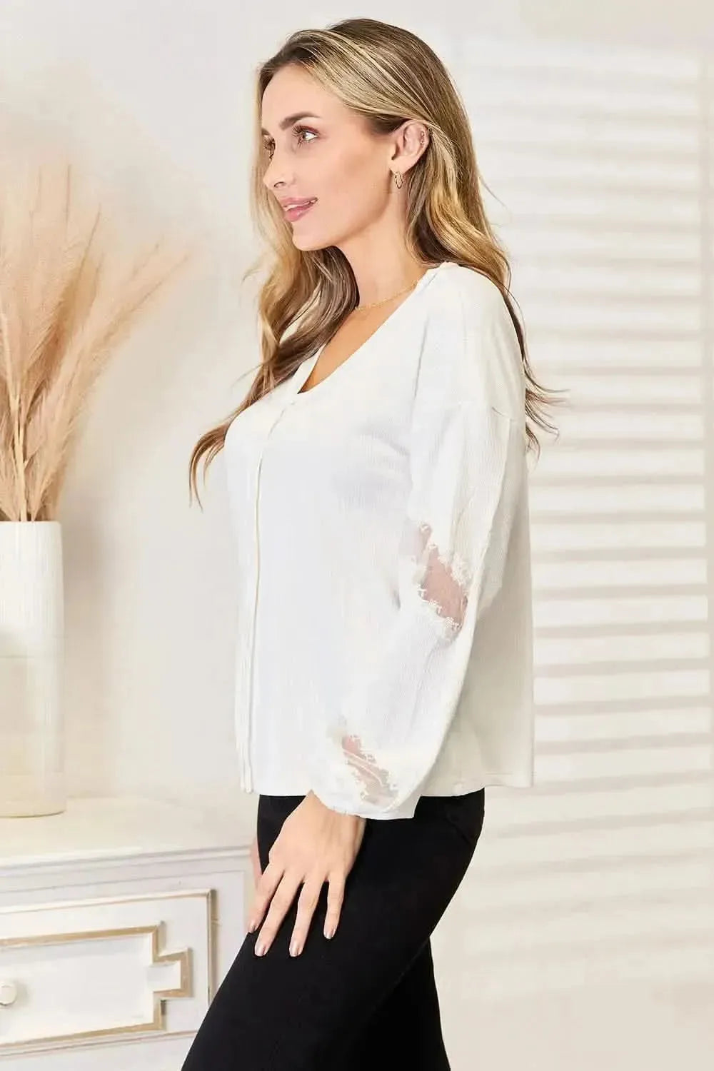 Double Take V-Neck Dropped Shoulder Blouse - Bad Moms Club