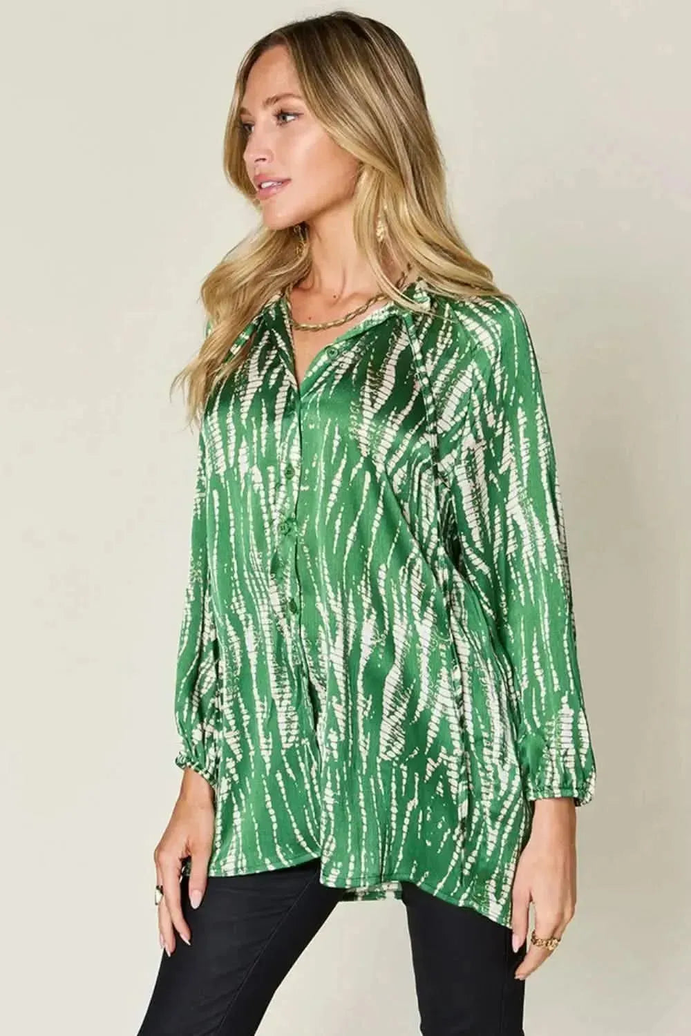 Double Take Full Size Printed Button Up Long Sleeve Shirt - Bad Moms Club