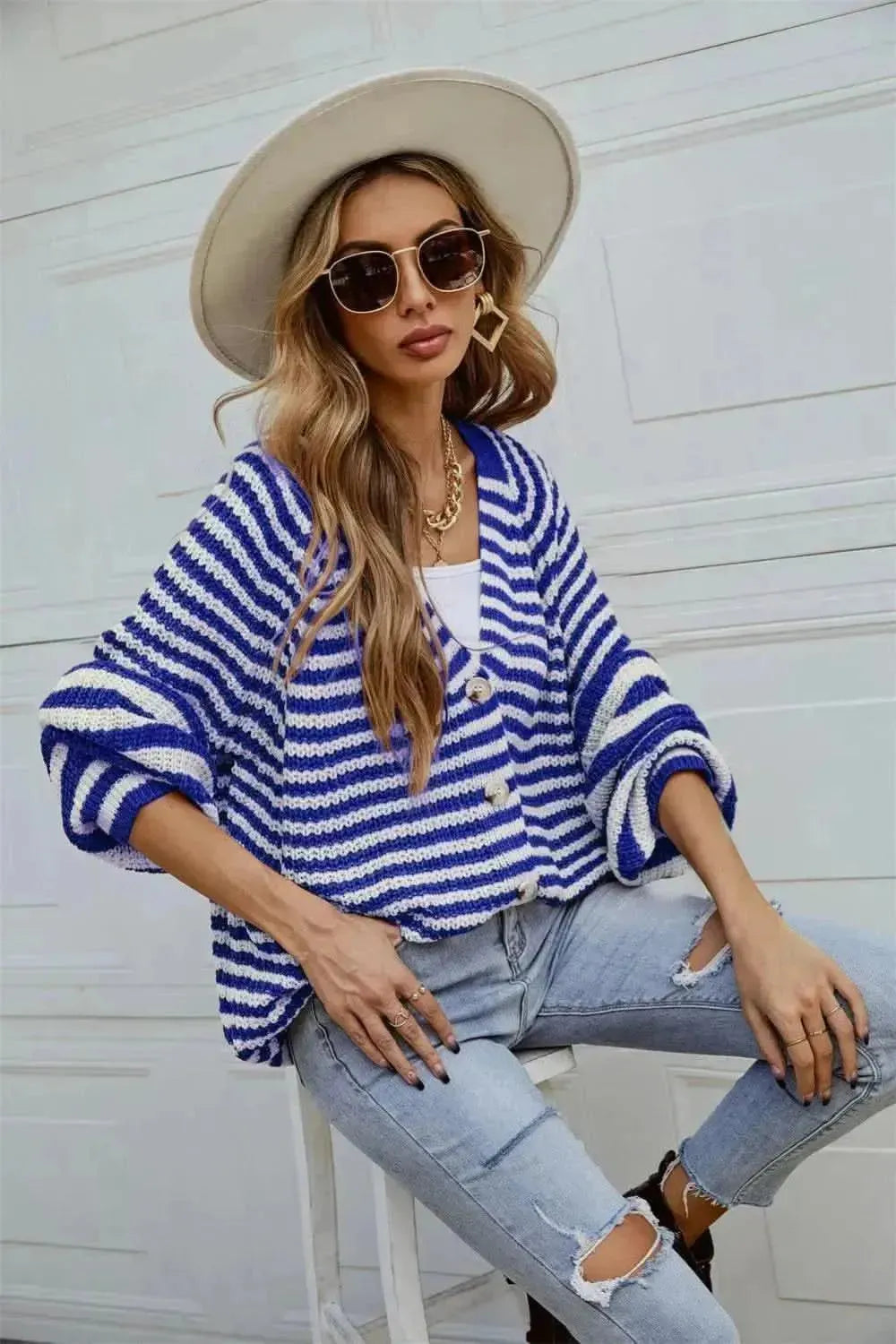 Striped Button Up Long Sleeve Cardigan - Bad Moms Club