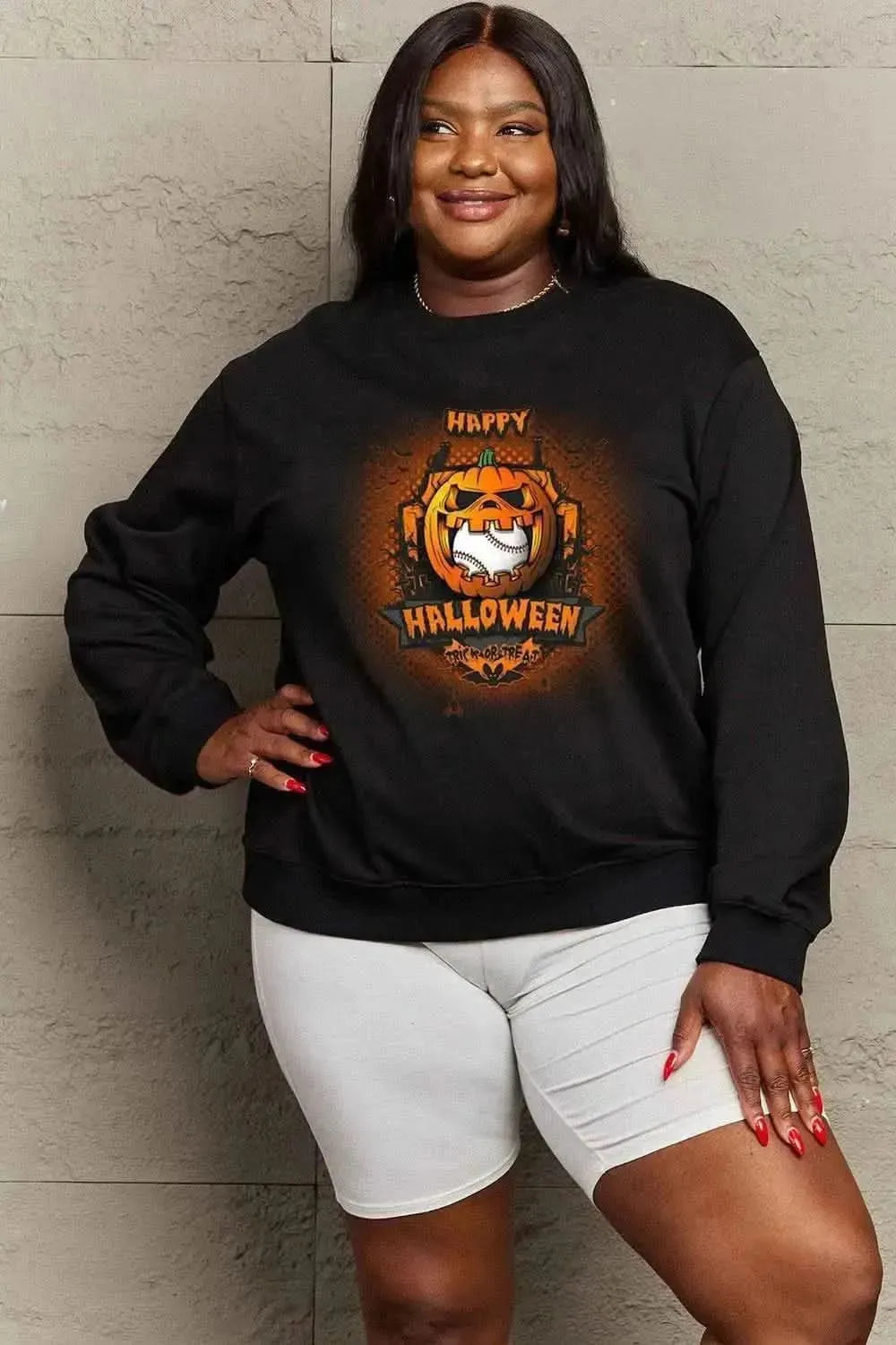 Simply Love Full Size HAPPY HALLOWEEN Graphic Sweatshirt - Bad Moms Club