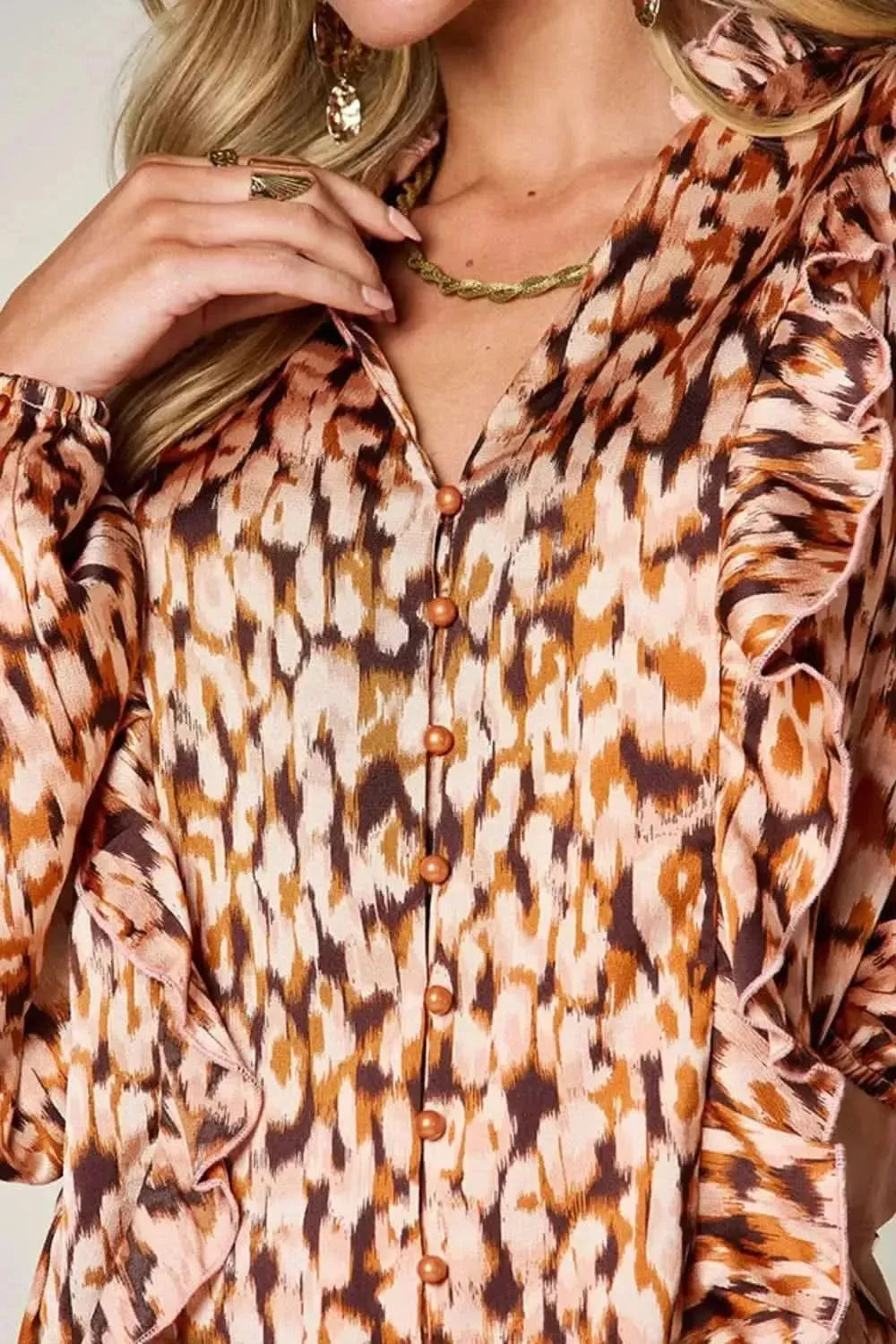 Double Take Full Size Printed Ruffle Trim Balloon Sleeve Shirt - Bad Moms Club