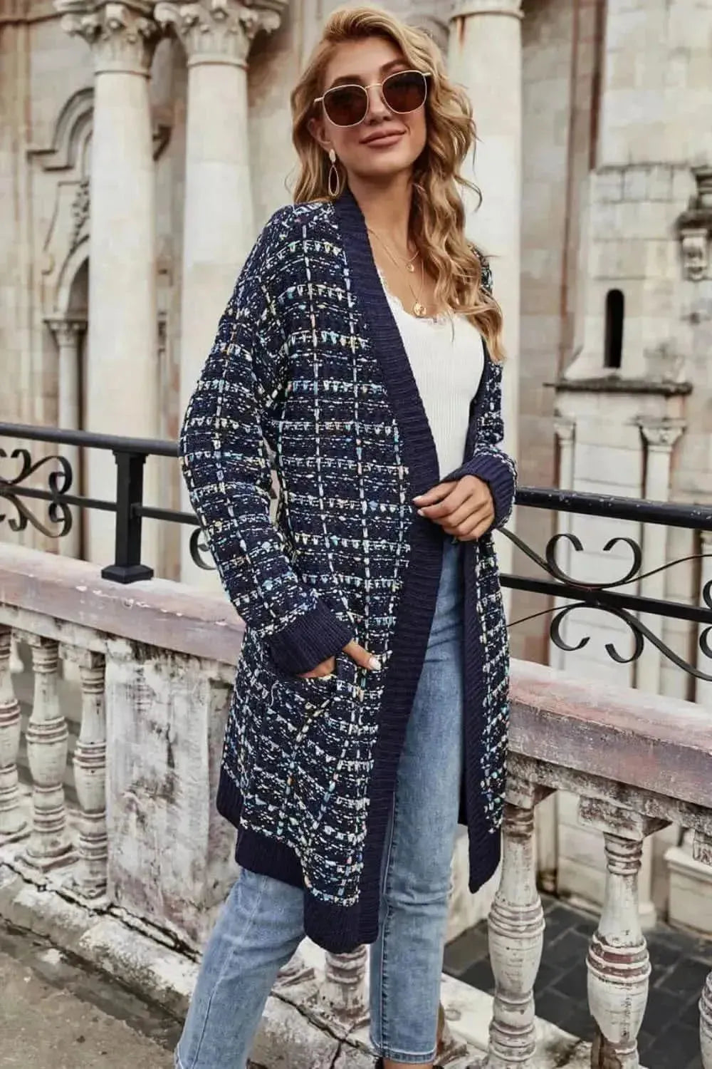 Multicolored Ribbed Trim Open Front Cardigan with Pockets - Bad Moms Club