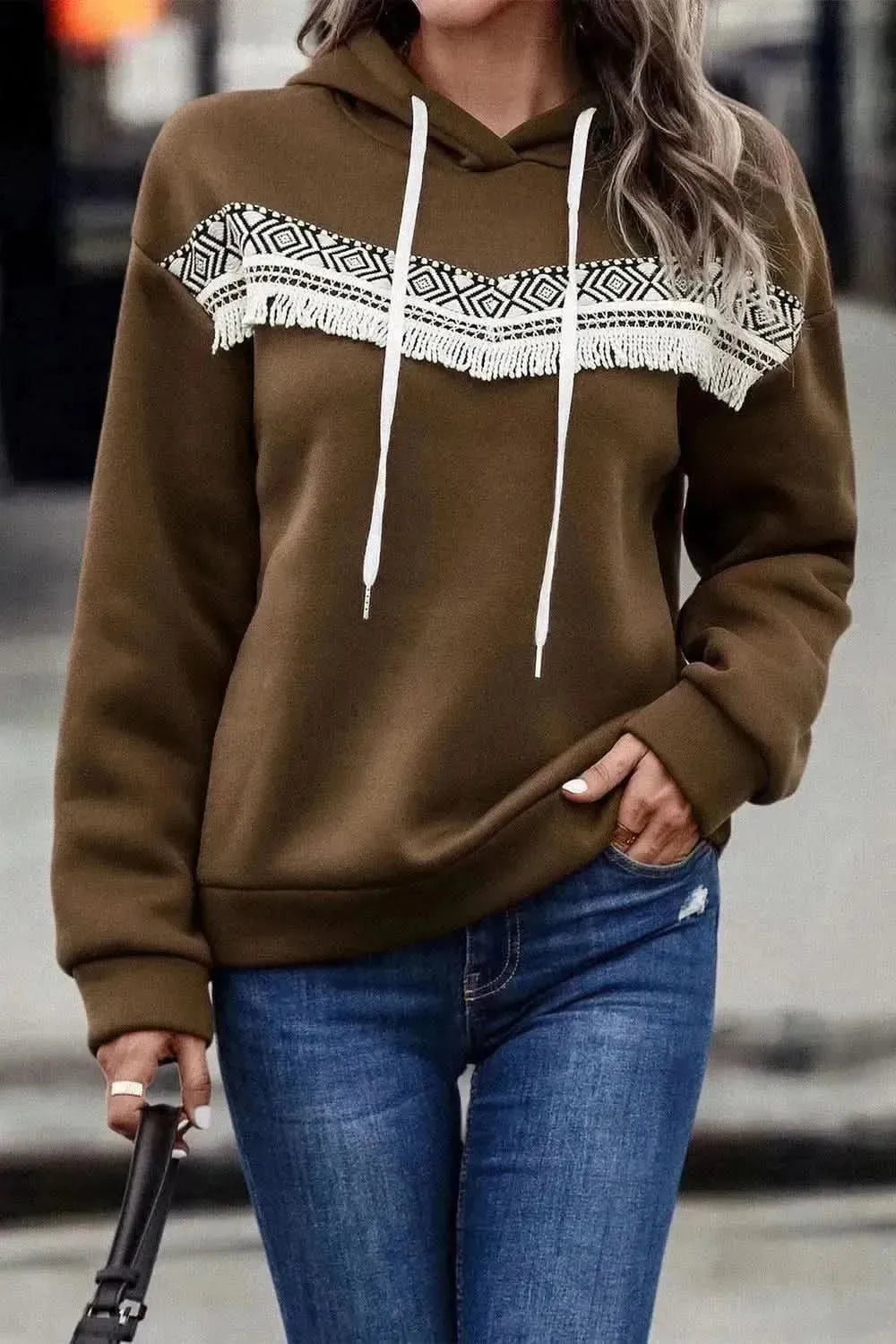 Contrast Fringe Detail Dropped Shoulder Hoodie - Bad Moms Club