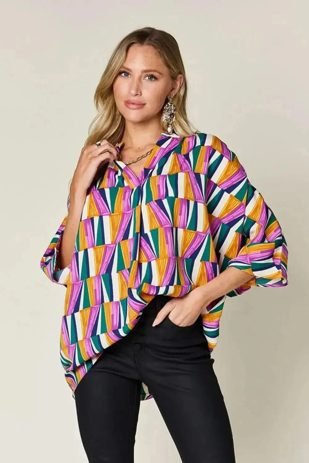 Double Take Full Size Geometric Notched Dolman Sleeve Top - Bad Moms Club