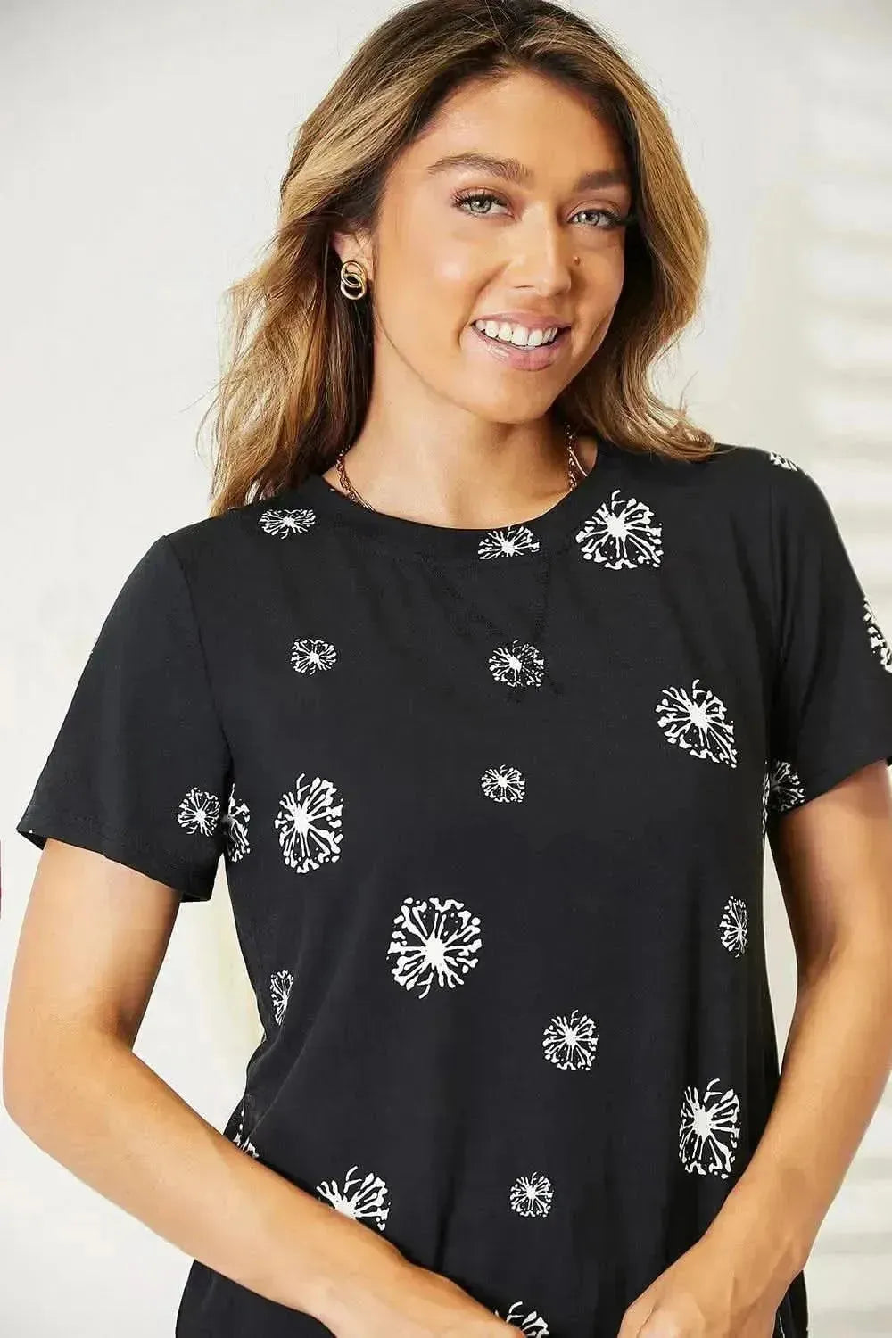 Double Take Dandelion Print Round Neck T-Shirt - Bad Moms Club