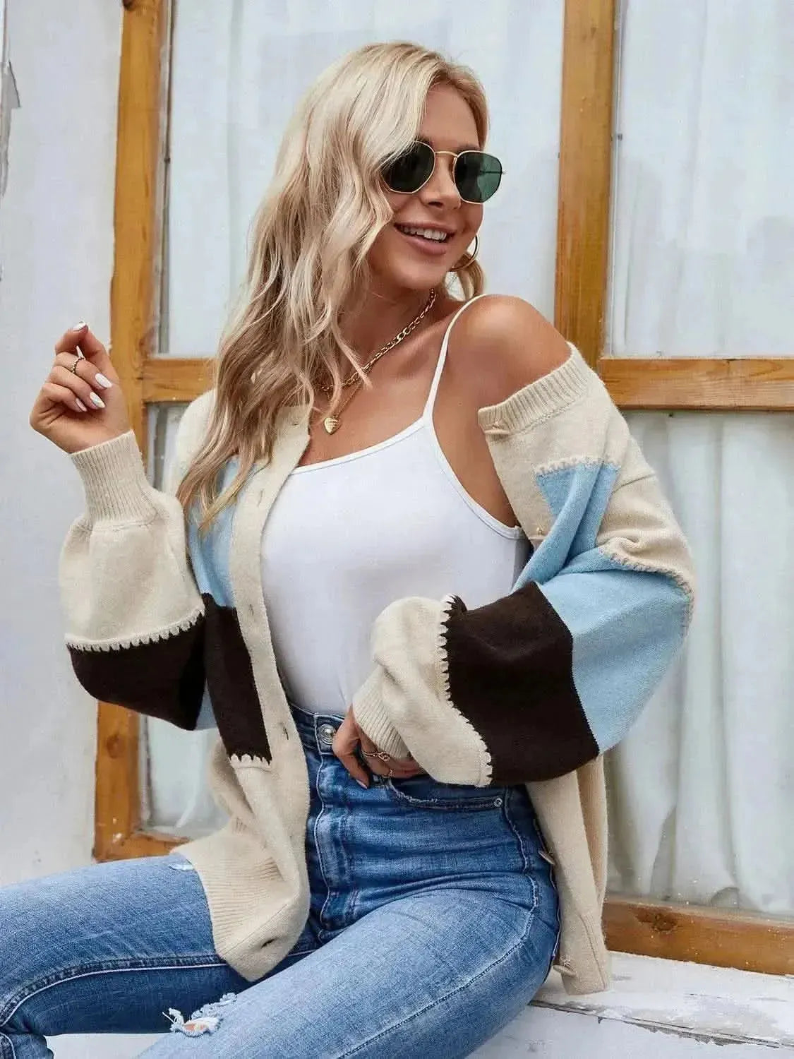 Color Block Button Up Lantern Sleeve Cardigan - Bad Moms Club