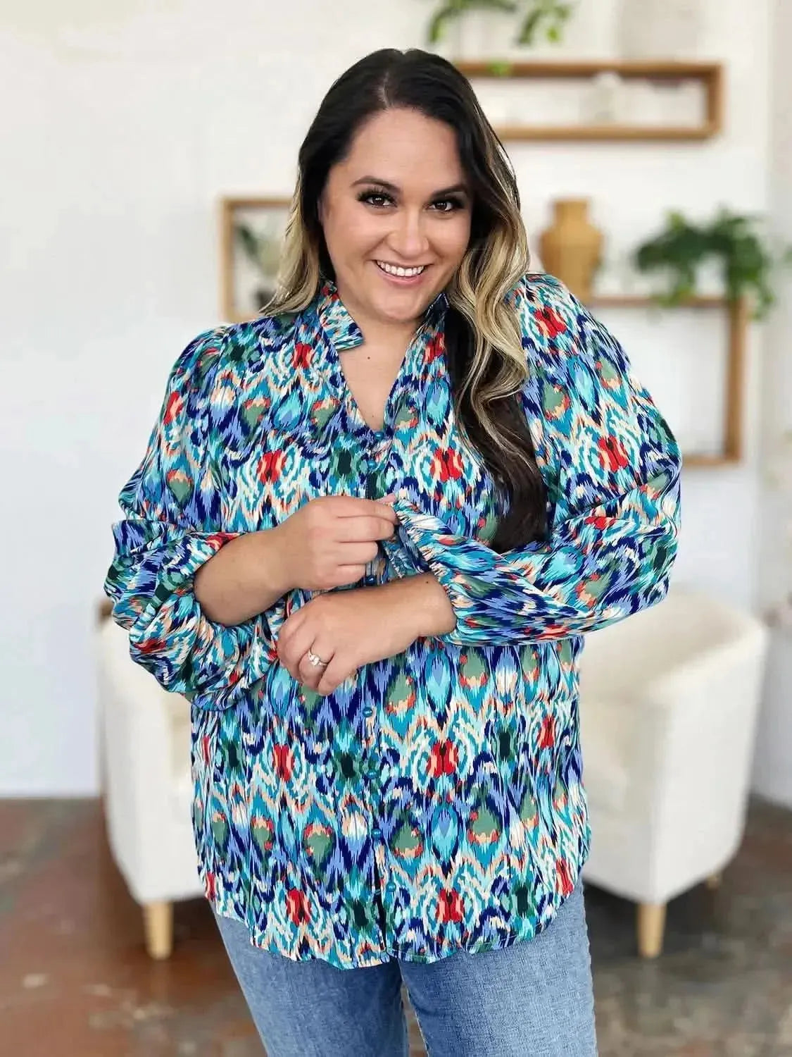 Double Take Full Size Printed Balloon Sleeve Blouse - Bad Moms Club