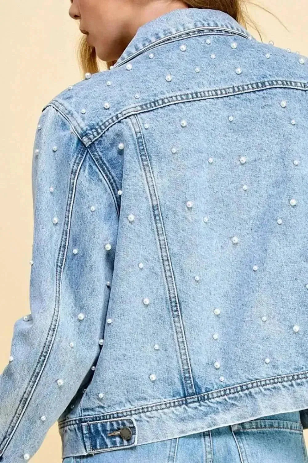 Veveret Button Up Pearl Detail Long Sleeve Denim Jacket - Bad Moms Club