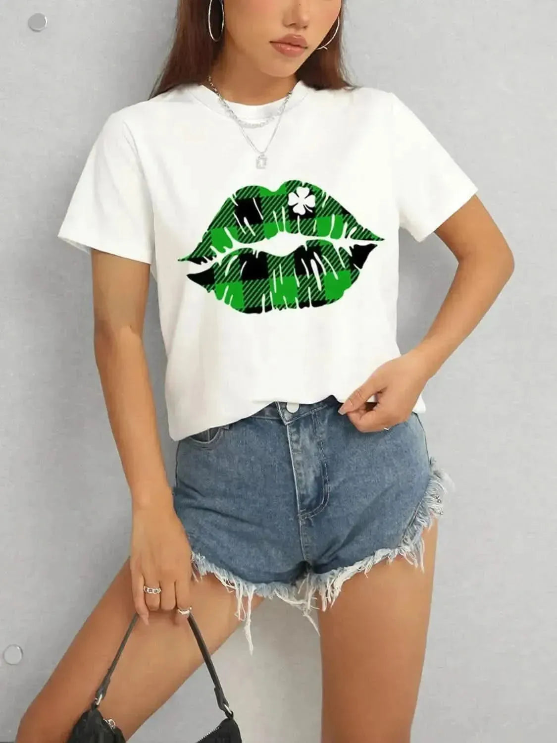 Plaid Lip Graphic Round Neck T-Shirt - Bad Moms Club