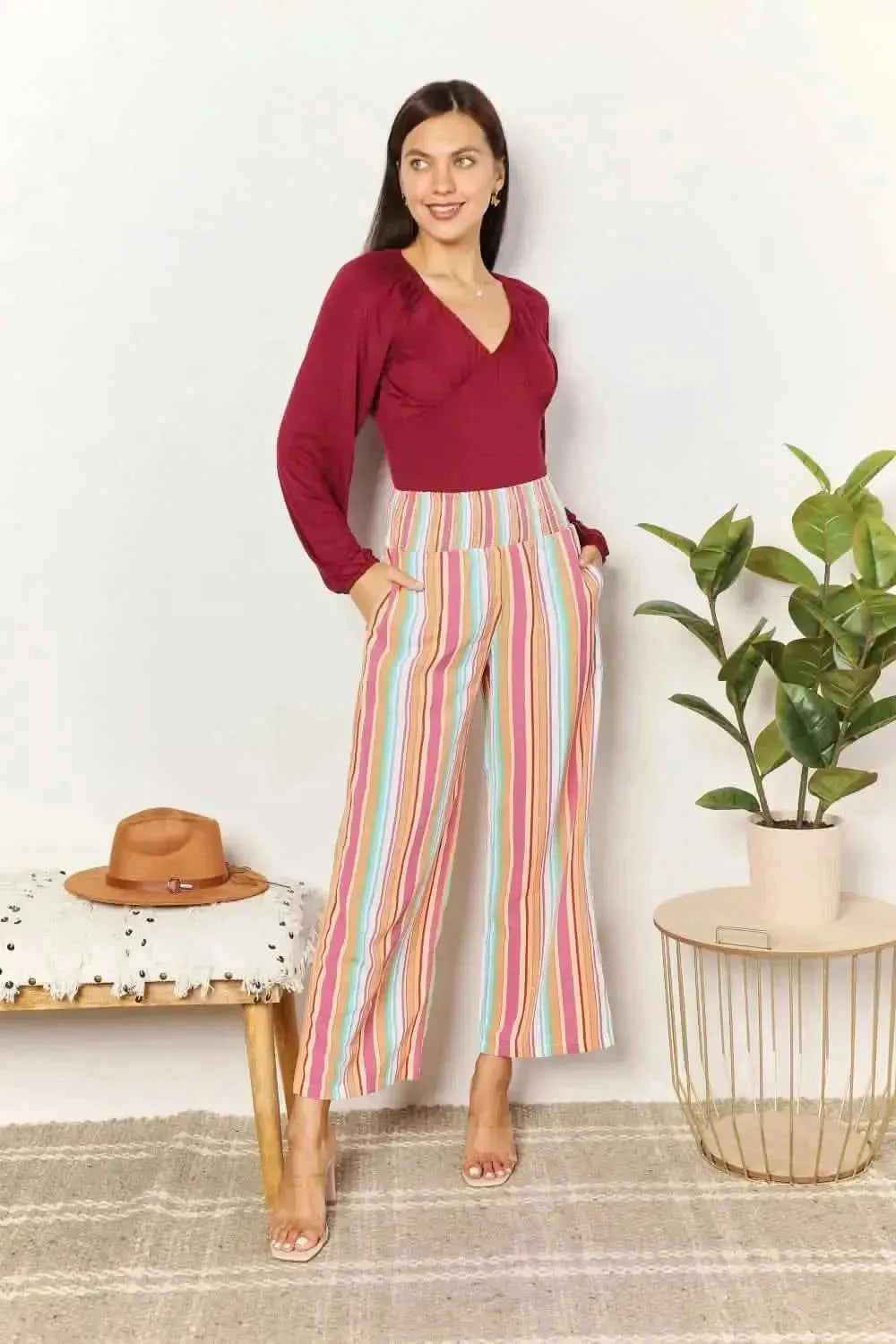 Double Take Striped Smocked Waist Pants with Pockets - Bad Moms Club