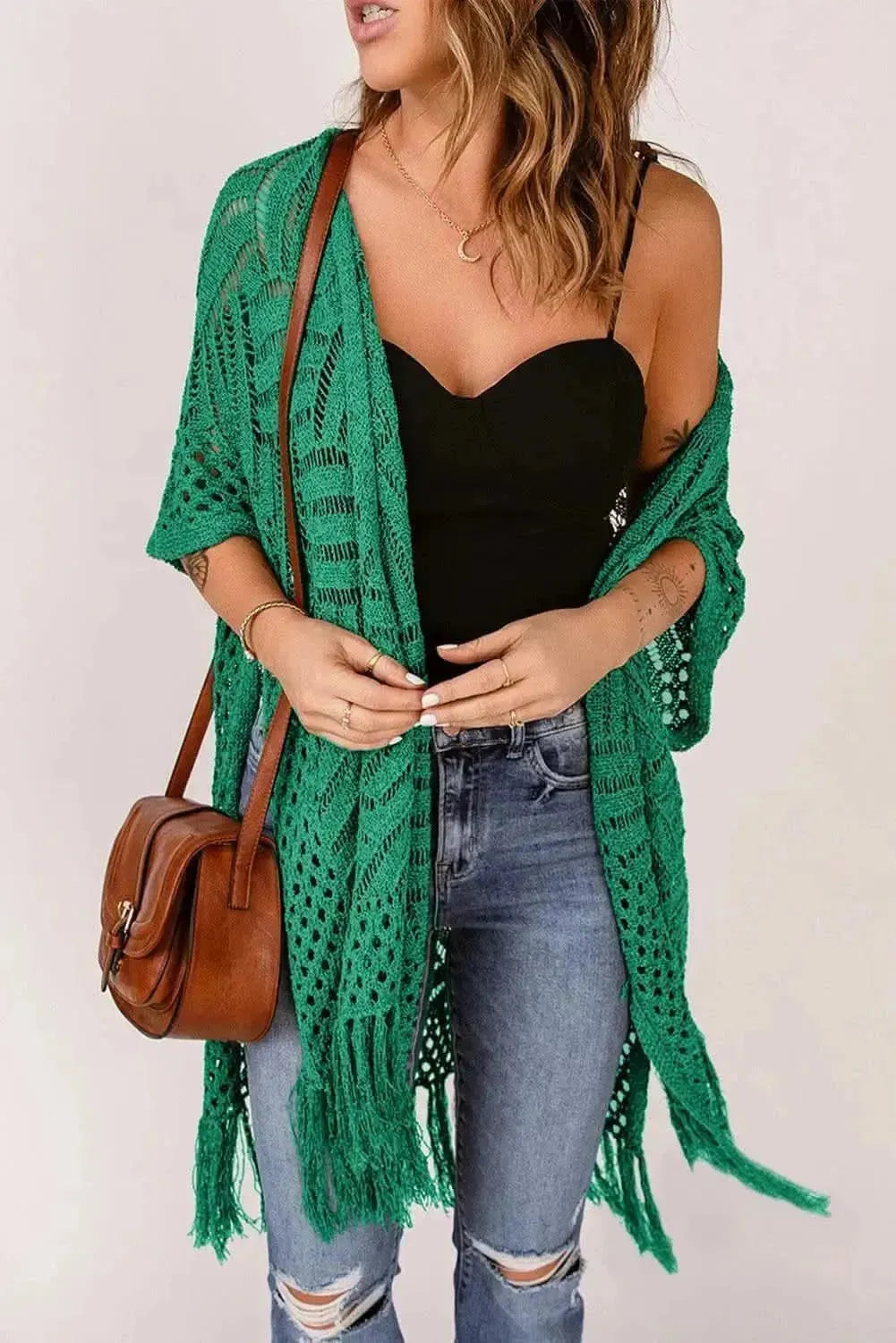 Openwork Open Front Cardigan with Fringes - Bad Moms Club