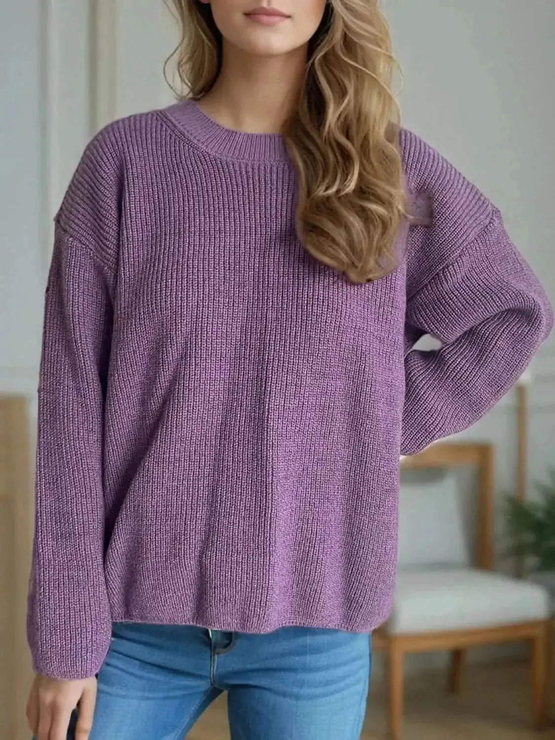 Solid Color Round Neck Long Sleeve Sweater - Bad Moms Club