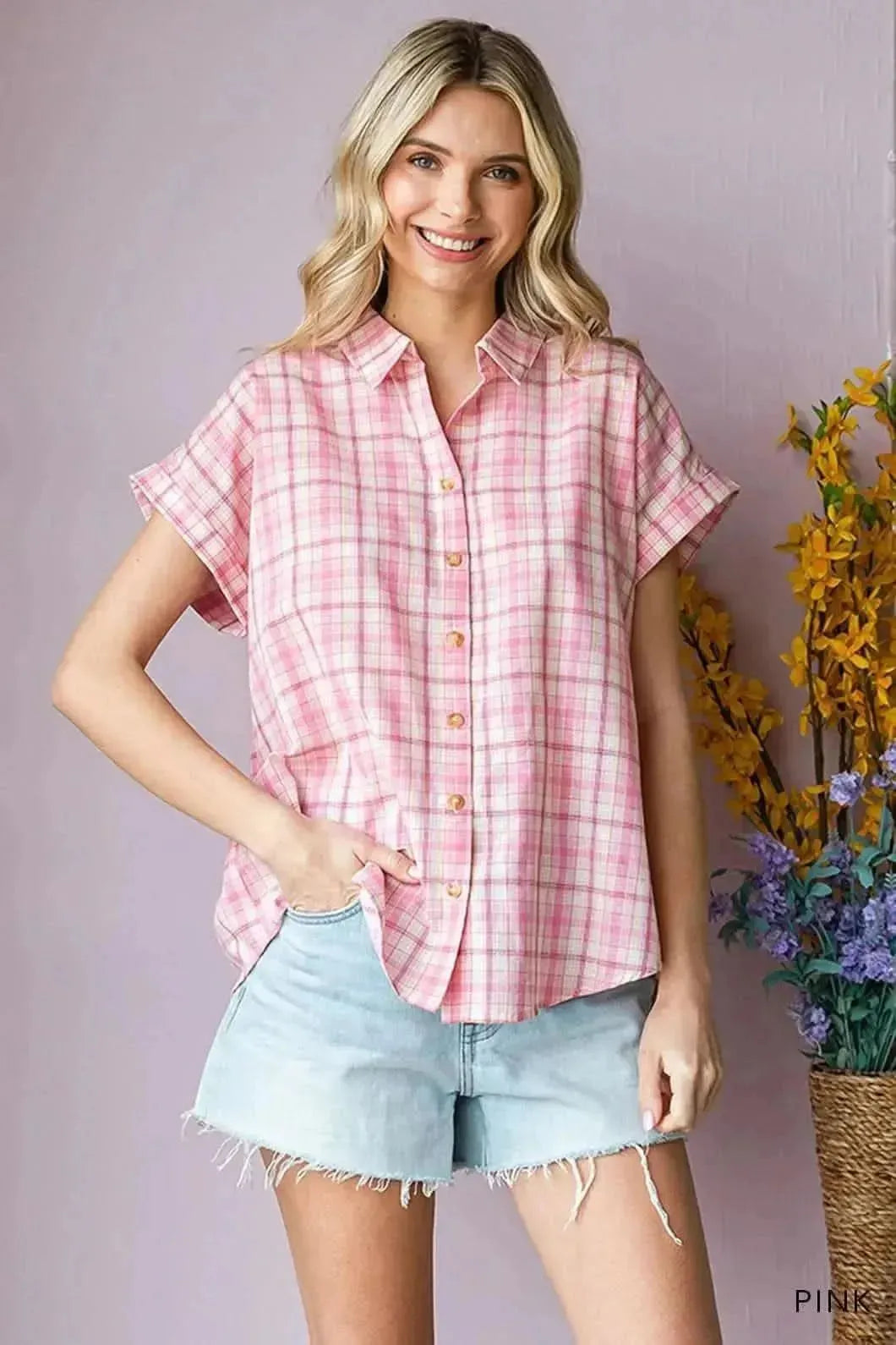 Cotton Bleu by Nu Lab Plaid Collared Neck Short Sleeve Shirt - Bad Moms Club