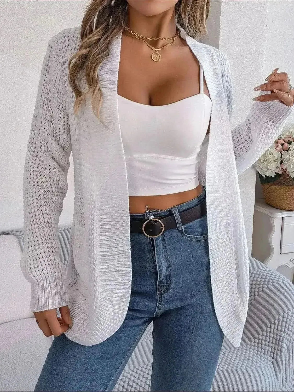 Open Front Long Sleeve Cardigan with Pockets - Bad Moms Club