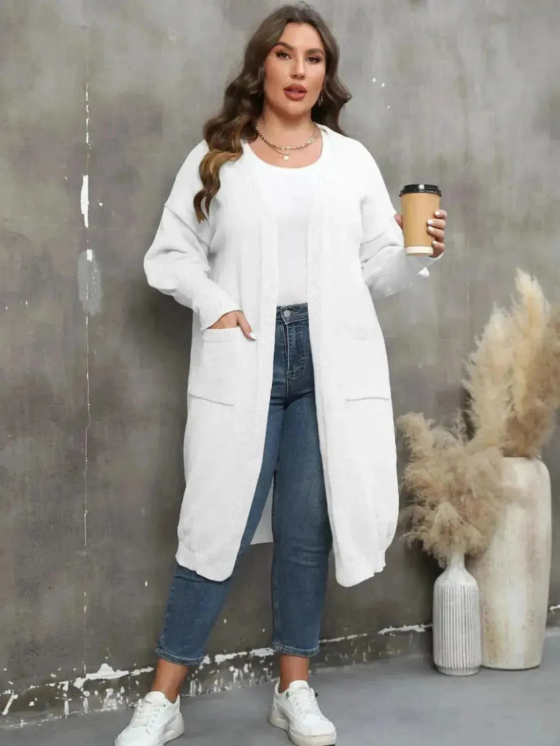Plus Size Long Sleeve Pocketed Cardigan - Bad Moms Club