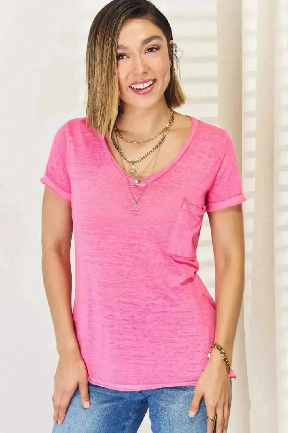 Zenana V-Neck Short Sleeve Slit T-Shirt - Bad Moms Club