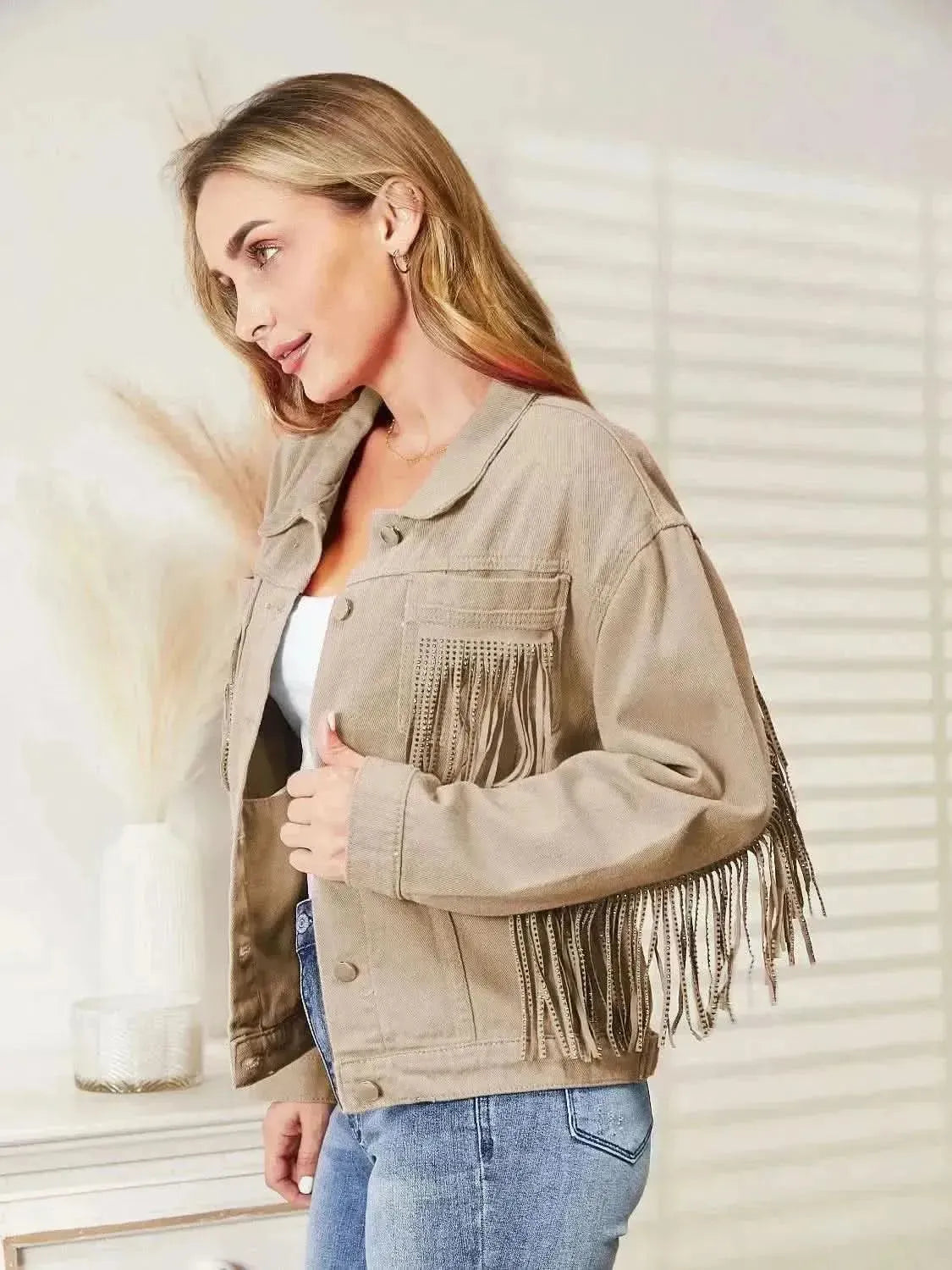 Fringe Detail Dropped Shoulder Denim Jacket - Bad Moms Club