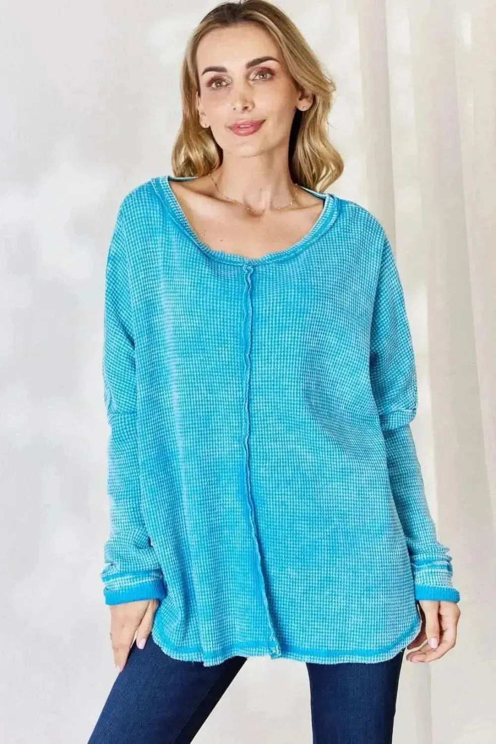 Zenana Oversized Waffle Long Sleeve Top - Bad Moms Club