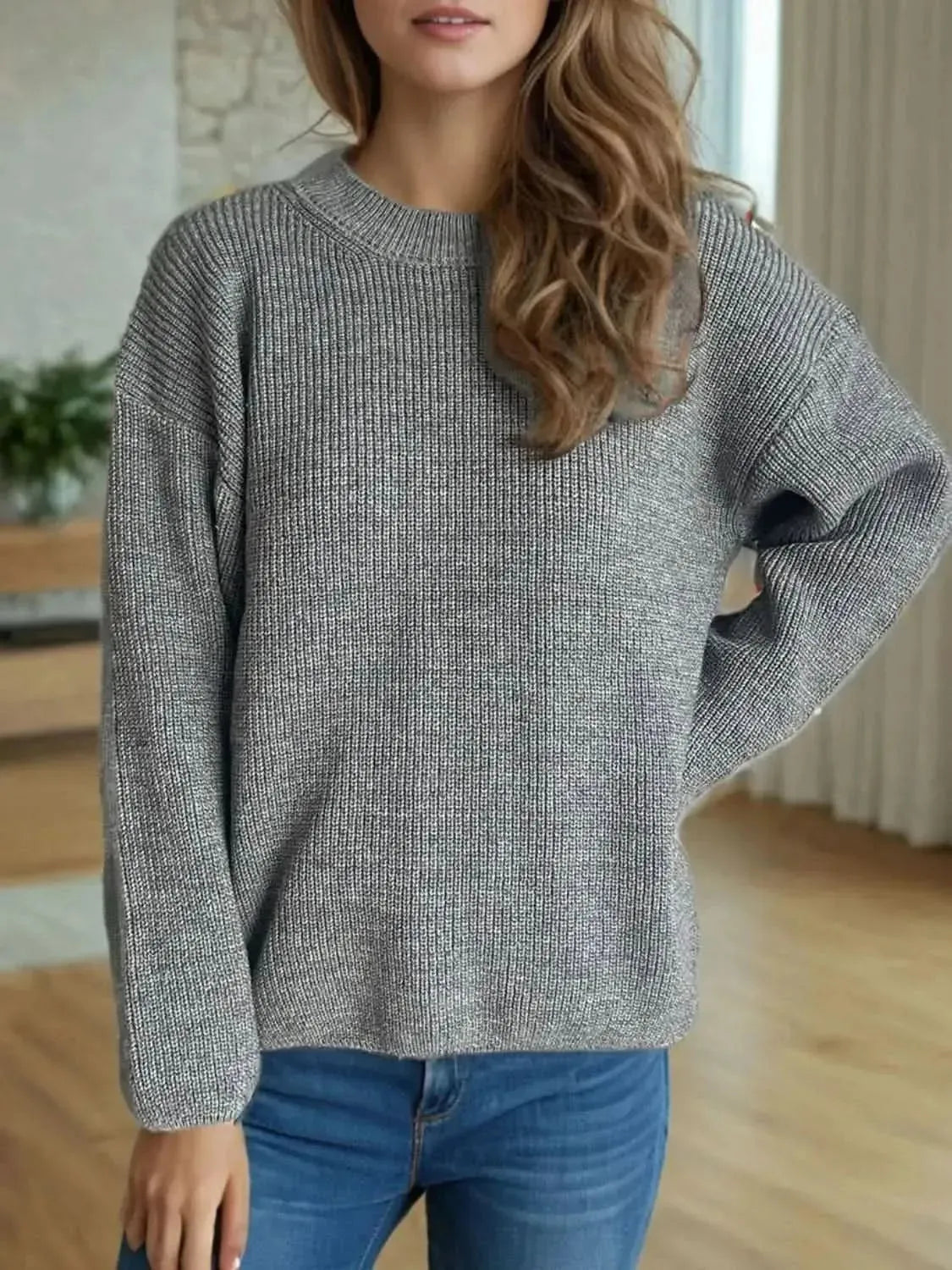 Solid Color Round Neck Long Sleeve Sweater - Bad Moms Club