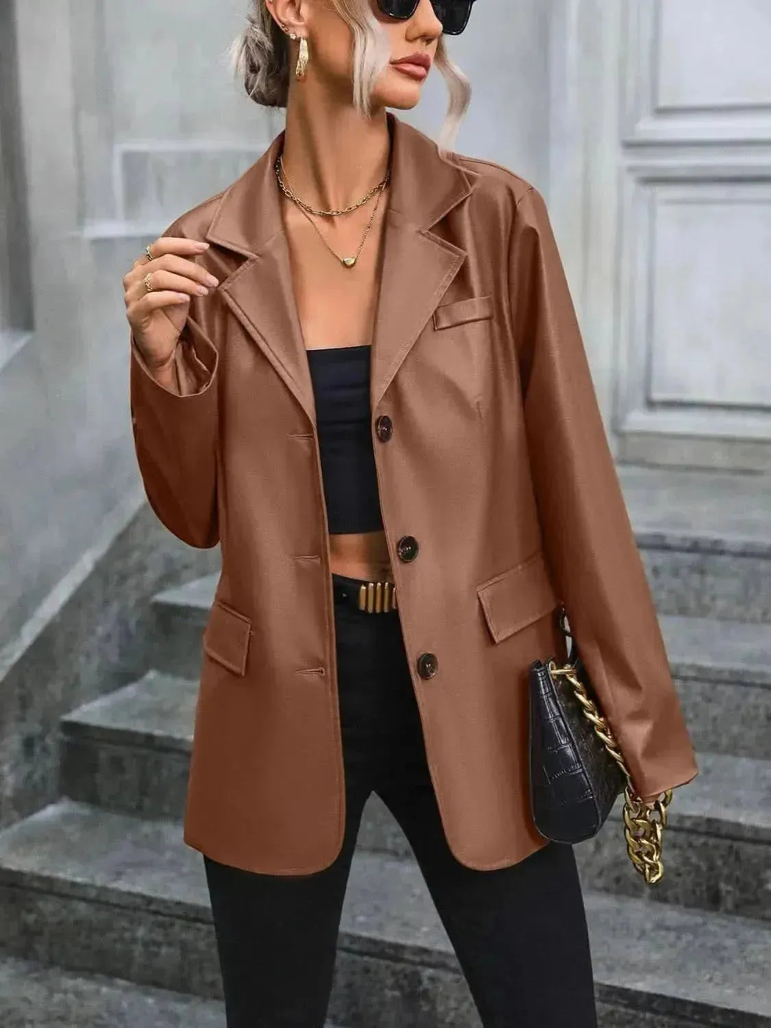 Pocketed Button Up Collared Neck Blazer - Bad Moms Club