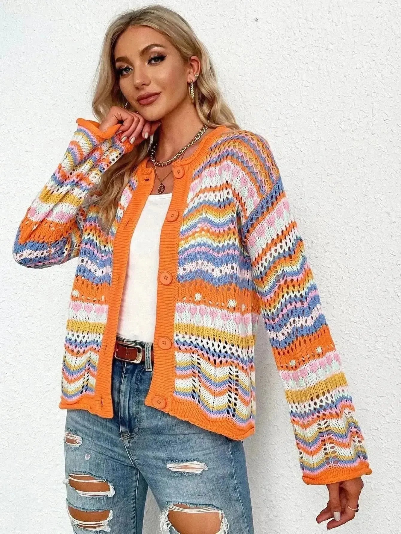 Chevron Stripes Openwork Cardigan - Bad Moms Club