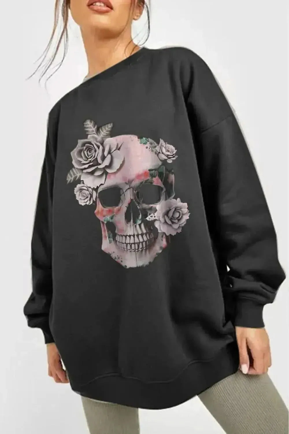 Simply Love Simply Love Full Size Dropped Shoulder SKULL Graphic Sweatshirt - Bad Moms Club