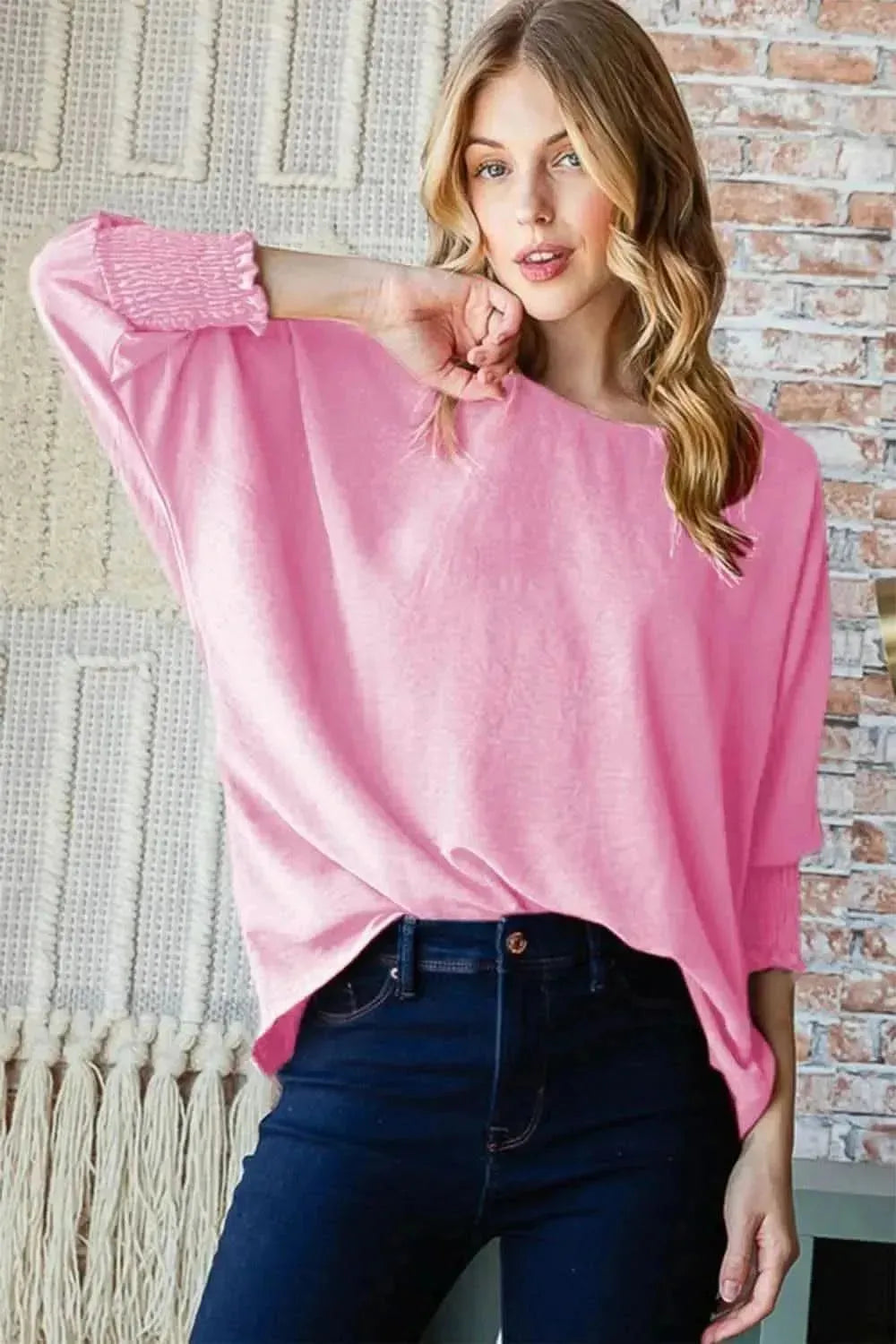 Reborn J Texture Round Neck Smocked Half Sleeve Top - Bad Moms Club