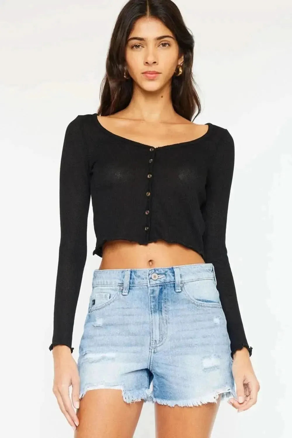 Kancan High Waist Frayed Denim Shorts - Bad Moms Club